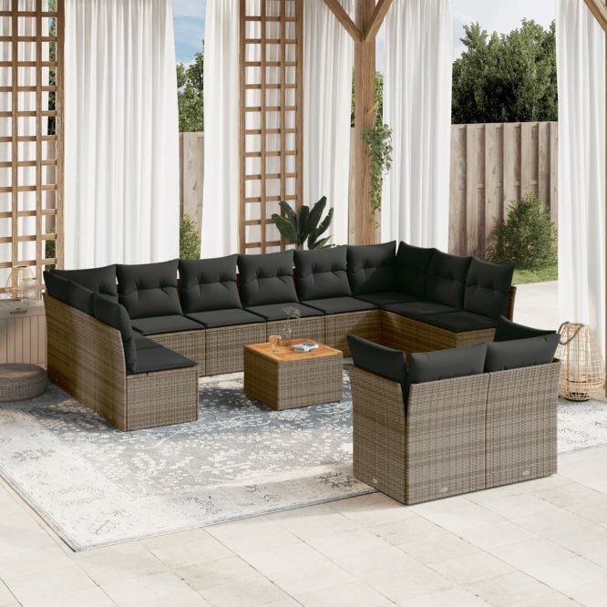 13-tlg. Garten-Sofagarnitur mit Kissen Schwarz Poly Rattan
