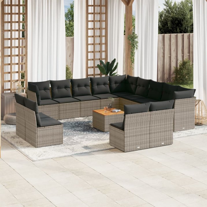 14-tlg. Garten-Sofagarnitur mit Kissen Schwarz Poly Rattan