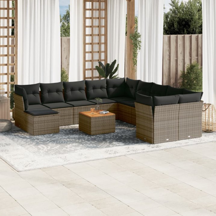 12-tlg. Garten-Sofagarnitur mit Kissen Schwarz Poly Rattan