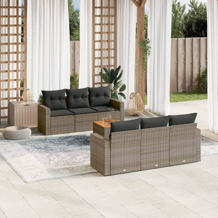 7-tlg. Garten-Sofagarnitur mit Kissen Schwarz Poly Rattan