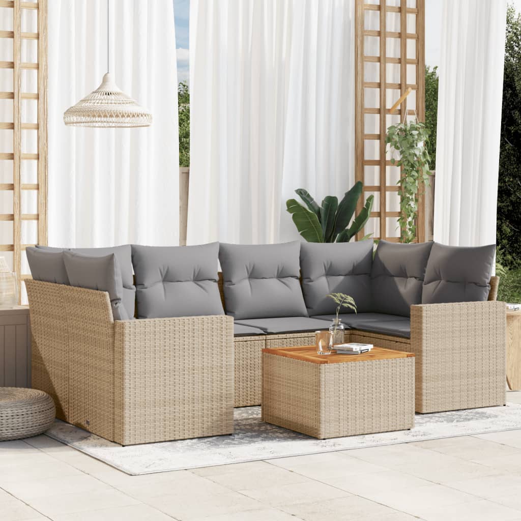 7-tlg. Garten-Sofagarnitur mit Kissen Schwarz Poly Rattan