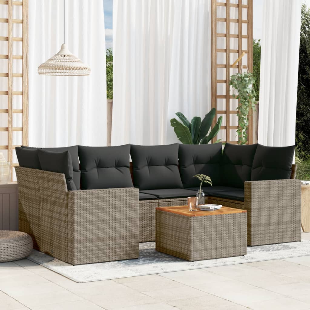 7-tlg. Garten-Sofagarnitur mit Kissen Schwarz Poly Rattan