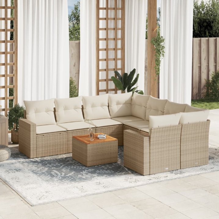 9-tlg. Garten-Sofagarnitur mit Kissen Schwarz Poly Rattan