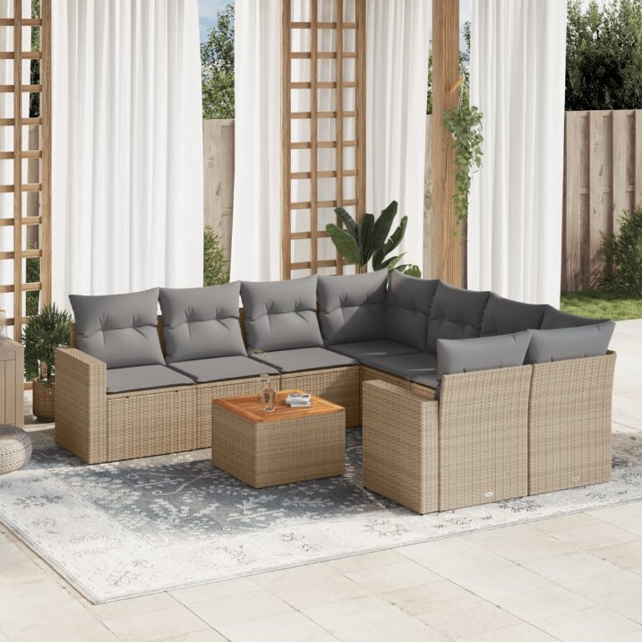 9-tlg. Garten-Sofagarnitur mit Kissen Schwarz Poly Rattan