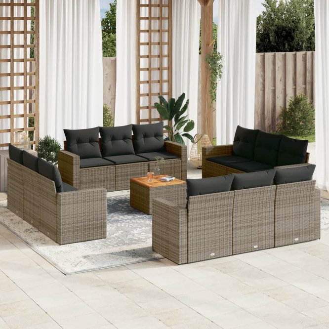 13-tlg. Garten-Sofagarnitur mit Kissen Schwarz Poly Rattan