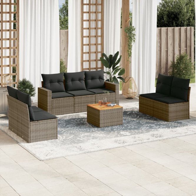 8-tlg. Garten-Sofagarnitur mit Kissen Schwarz Poly Rattan