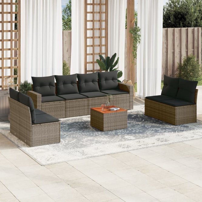 9-tlg. Garten-Sofagarnitur mit Kissen Schwarz Poly Rattan