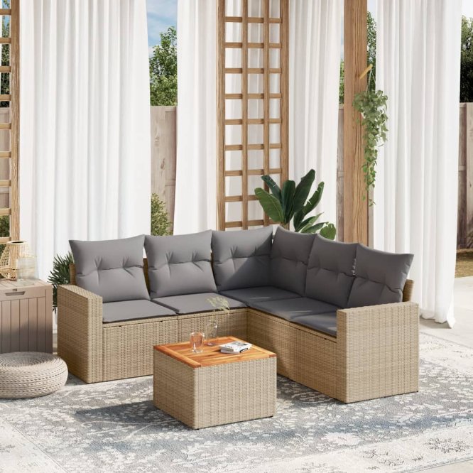 6-tlg. Garten-Sofagarnitur mit Kissen Schwarz Poly Rattan