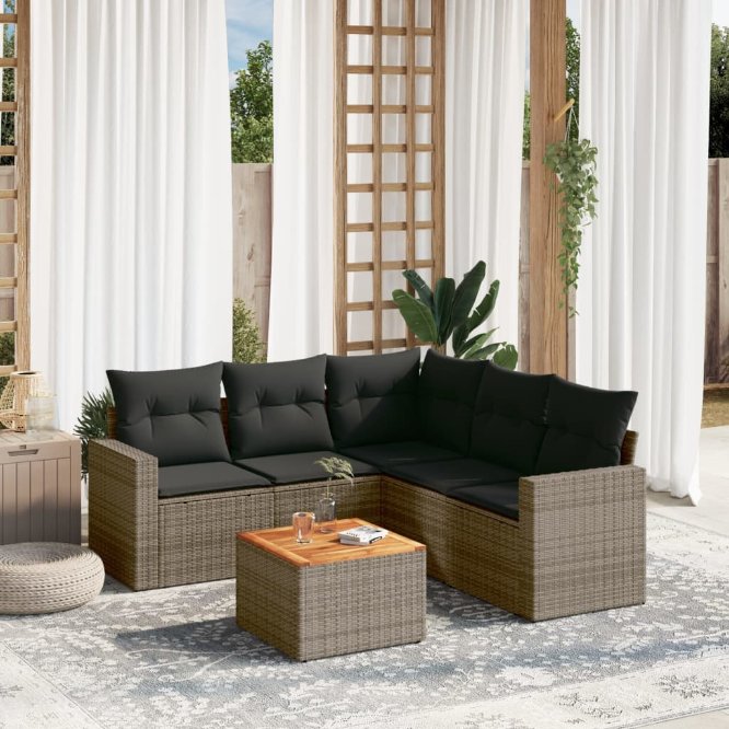 6-tlg. Garten-Sofagarnitur mit Kissen Schwarz Poly Rattan