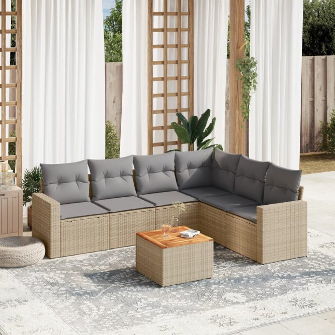 7-tlg. Garten-Sofagarnitur mit Kissen Schwarz Poly Rattan