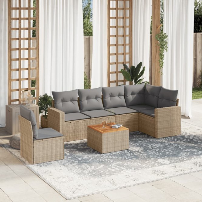 7-tlg. Garten-Sofagarnitur mit Kissen Schwarz Poly Rattan