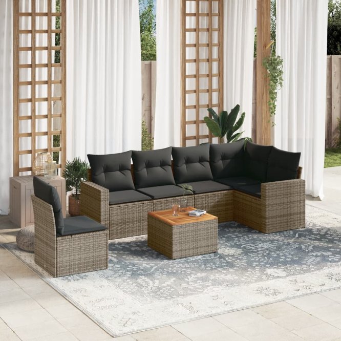 7-tlg. Garten-Sofagarnitur mit Kissen Schwarz Poly Rattan