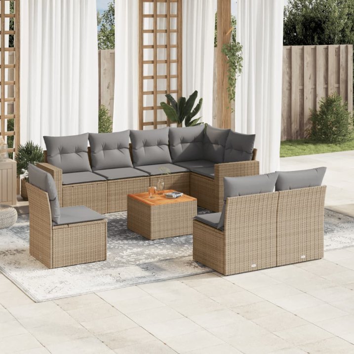 9-tlg. Garten-Sofagarnitur mit Kissen Schwarz Poly Rattan
