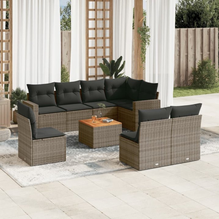 9-tlg. Garten-Sofagarnitur mit Kissen Schwarz Poly Rattan