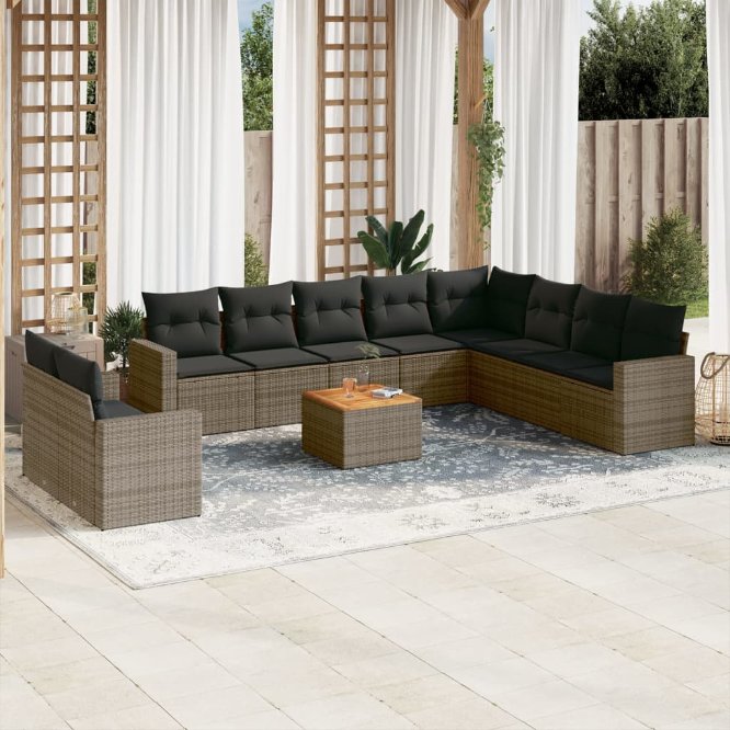 vidaXL 11-tlg. Garten-Sofagarnitur mit Kissen Schwarz Poly Rattan