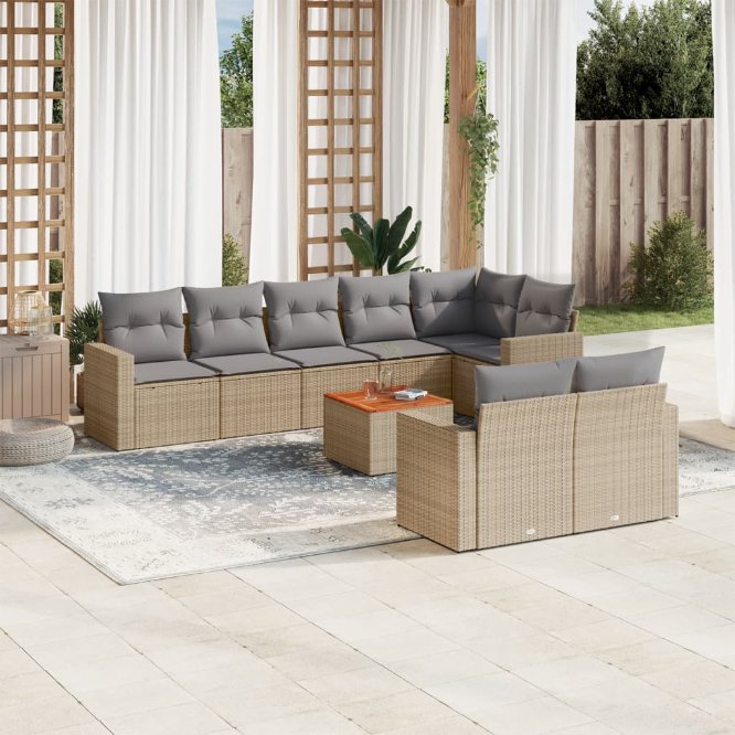 9-tlg. Garten-Sofagarnitur mit Kissen Schwarz Poly Rattan