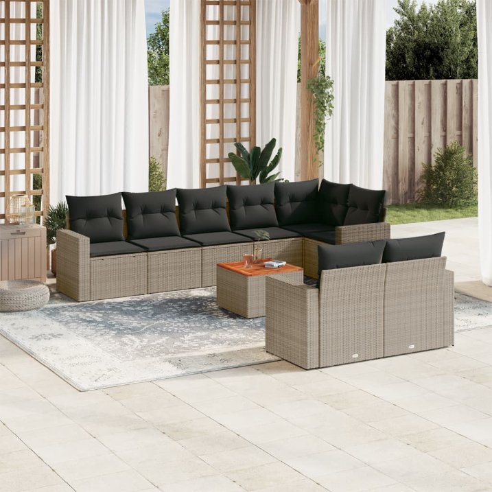 9-tlg. Garten-Sofagarnitur mit Kissen Schwarz Poly Rattan