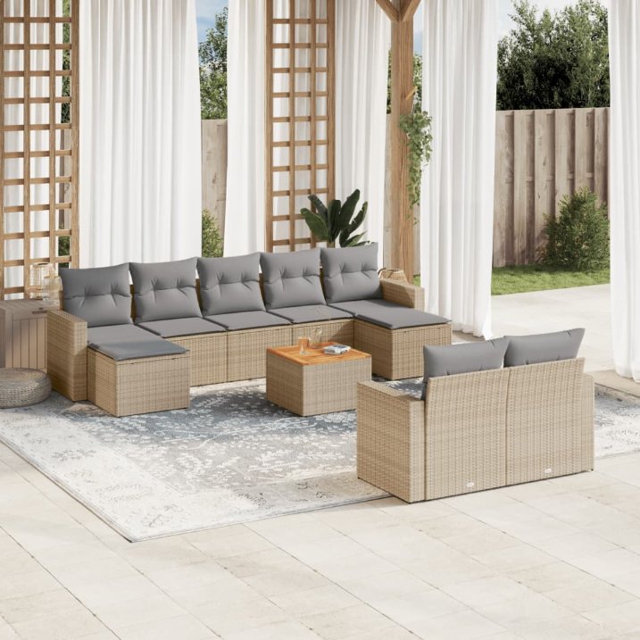 vidaXL 10-tlg. Garten-Sofagarnitur mit Kissen Schwarz Poly Rattan