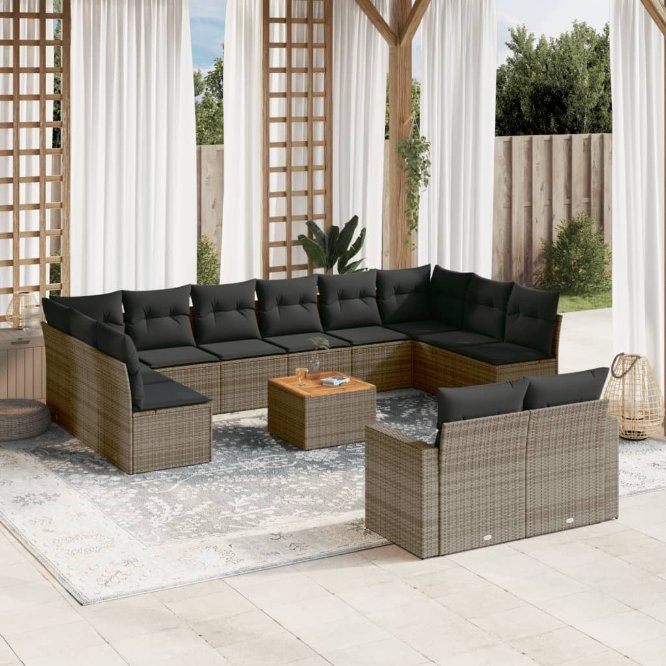 vidaXL 13-tlg. Garten-Sofagarnitur mit Kissen Schwarz Poly Rattan