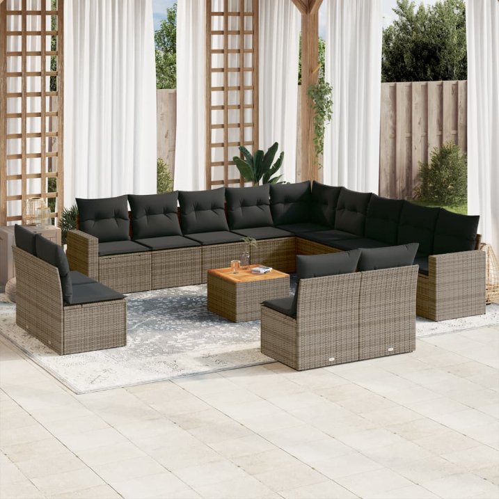 vidaXL 14-tlg. Garten-Sofagarnitur mit Kissen Schwarz Poly Rattan