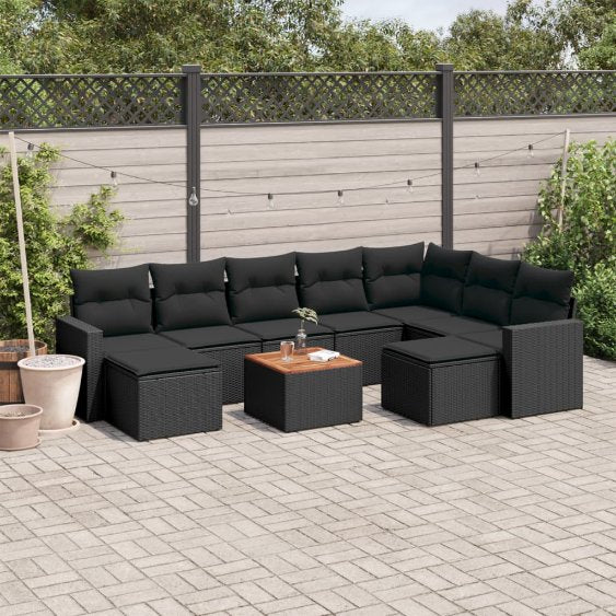 vidaXL 10-tlg. Garten-Sofagarnitur mit Kissen Schwarz Poly Rattan