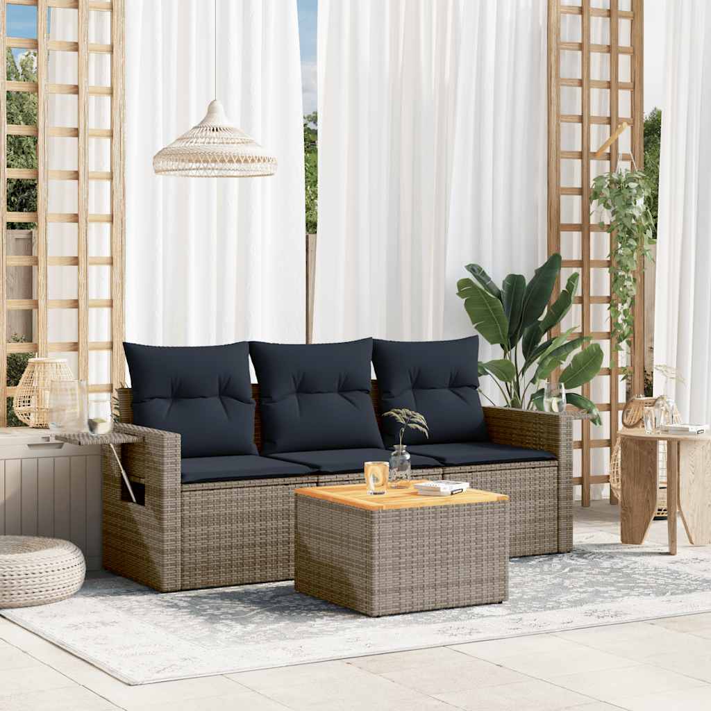 vidaXL 4-teiliges Gartensofa-Set mit Kissen, schwarzes Polyrattan