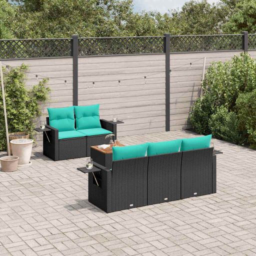 vidaXL 6-teiliges Gartensofa-Set mit Kissen, schwarzes Polyrattan