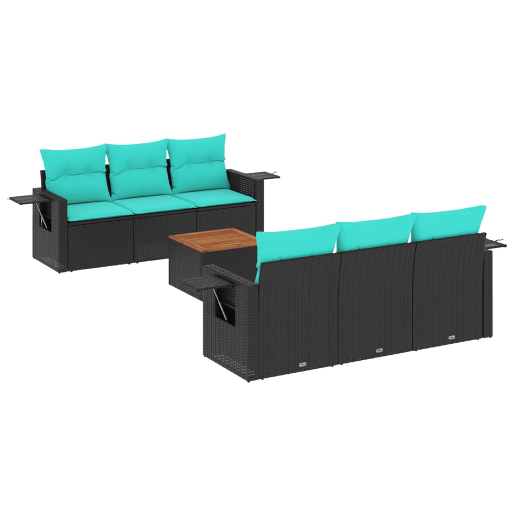 vidaXL 7-teiliges Gartensofa-Set mit Kissen, schwarzes Polyrattan