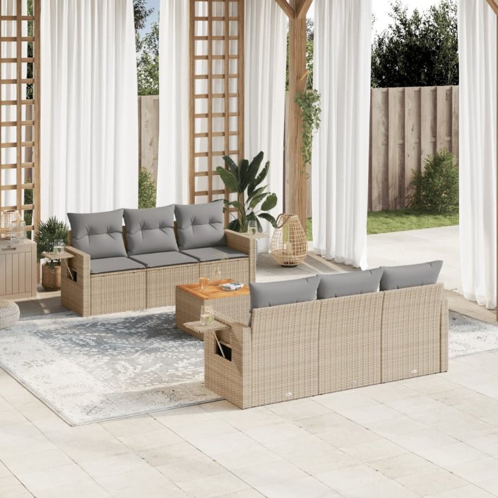 vidaXL 7-tlg. Garten-Sofagarnitur mit Kissen Schwarz Poly Rattan