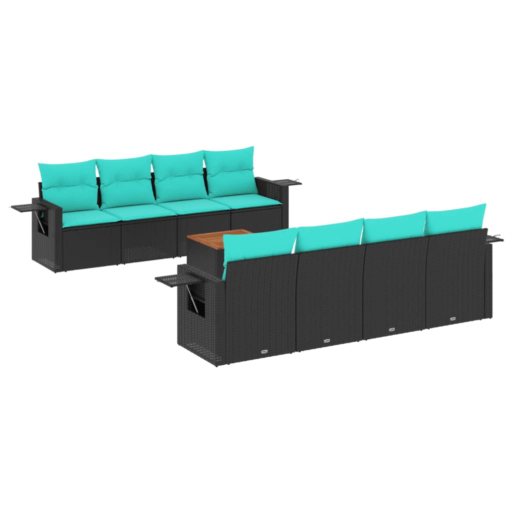 vidaXL 9-teiliges Gartensofa-Set mit Kissen, schwarzes Polyrattan