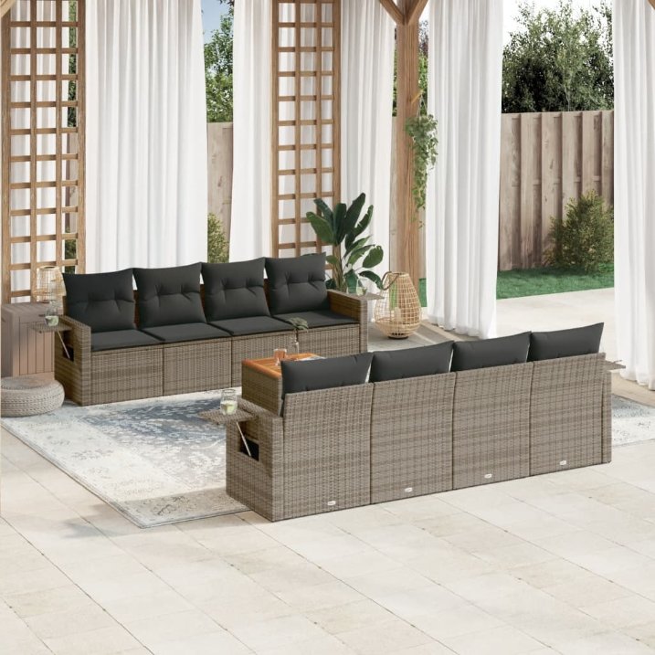 vidaXL 9-tlg. Garten-Sofagarnitur mit Kissen Schwarz Poly Rattan
