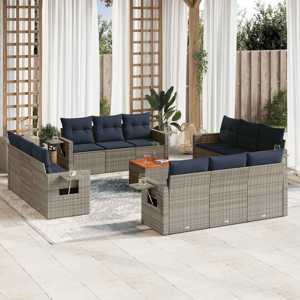 vidaXL 13-teiliges Gartensofa-Set mit Kissen, schwarzes Polyrattan