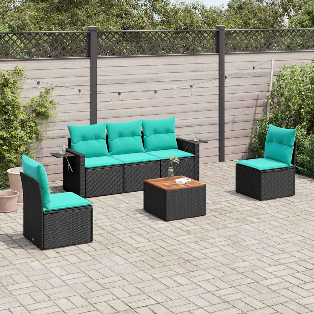 vidaXL 6-teiliges Gartensofa-Set mit Kissen, schwarzes Polyrattan