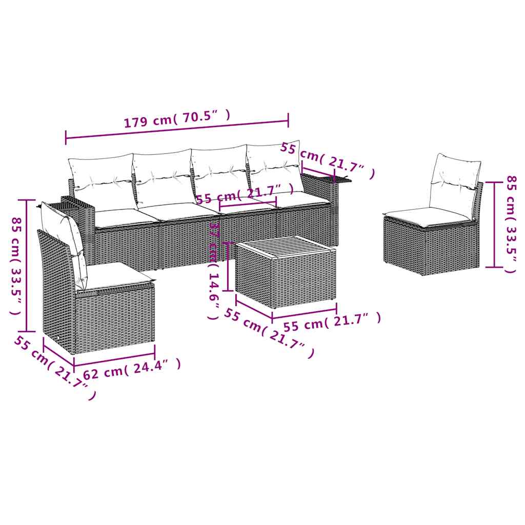 vidaXL 7-teiliges Gartensofa-Set mit Kissen, schwarzes Polyrattan