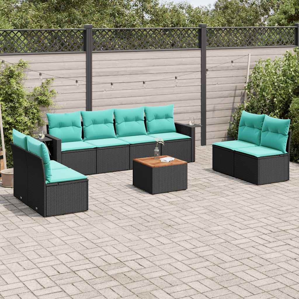 vidaXL 9-teiliges Gartensofa-Set mit Kissen, schwarzes Polyrattan