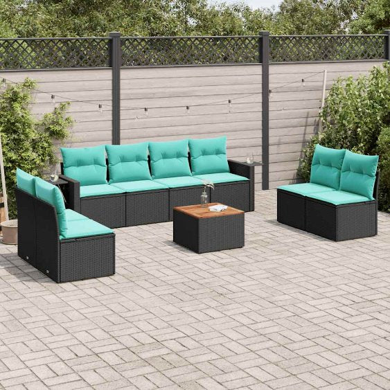 vidaXL 9-teiliges Gartensofa-Set mit Kissen, schwarzes Polyrattan