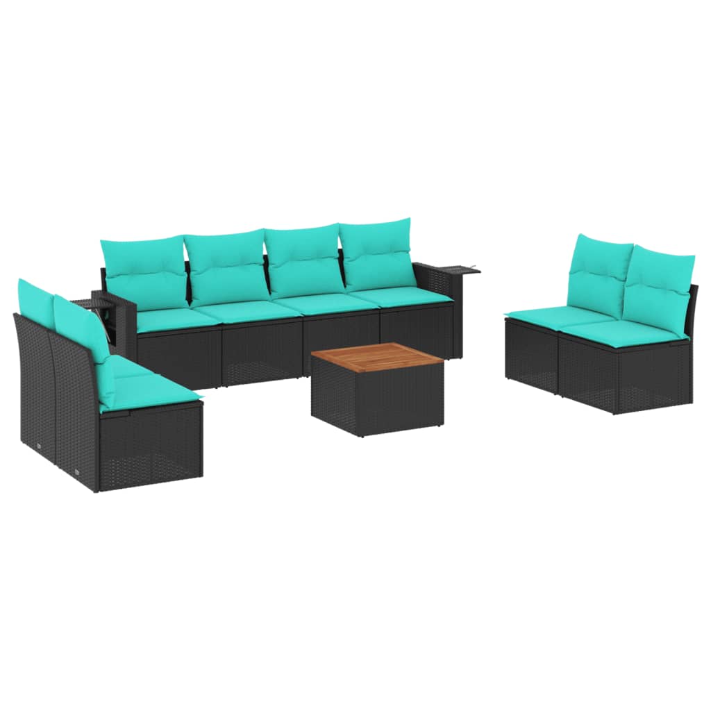 vidaXL 9-teiliges Gartensofa-Set mit Kissen, schwarzes Polyrattan