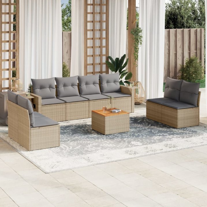 vidaXL 9-tlg. Garten-Sofagarnitur mit Kissen Schwarz Poly Rattan