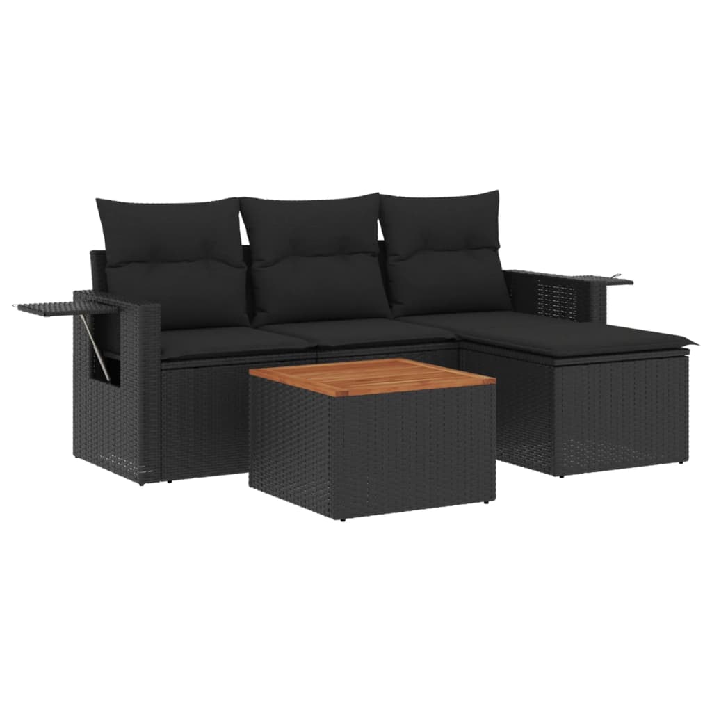 vidaXL 5-tlg. Garten-Sofagarnitur mit Kissen Schwarz Poly Rattan