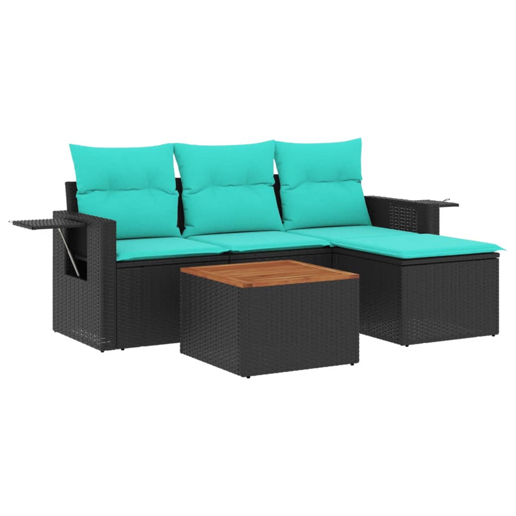 vidaXL 5-teiliges Gartensofa-Set mit Kissen, schwarzes Polyrattan