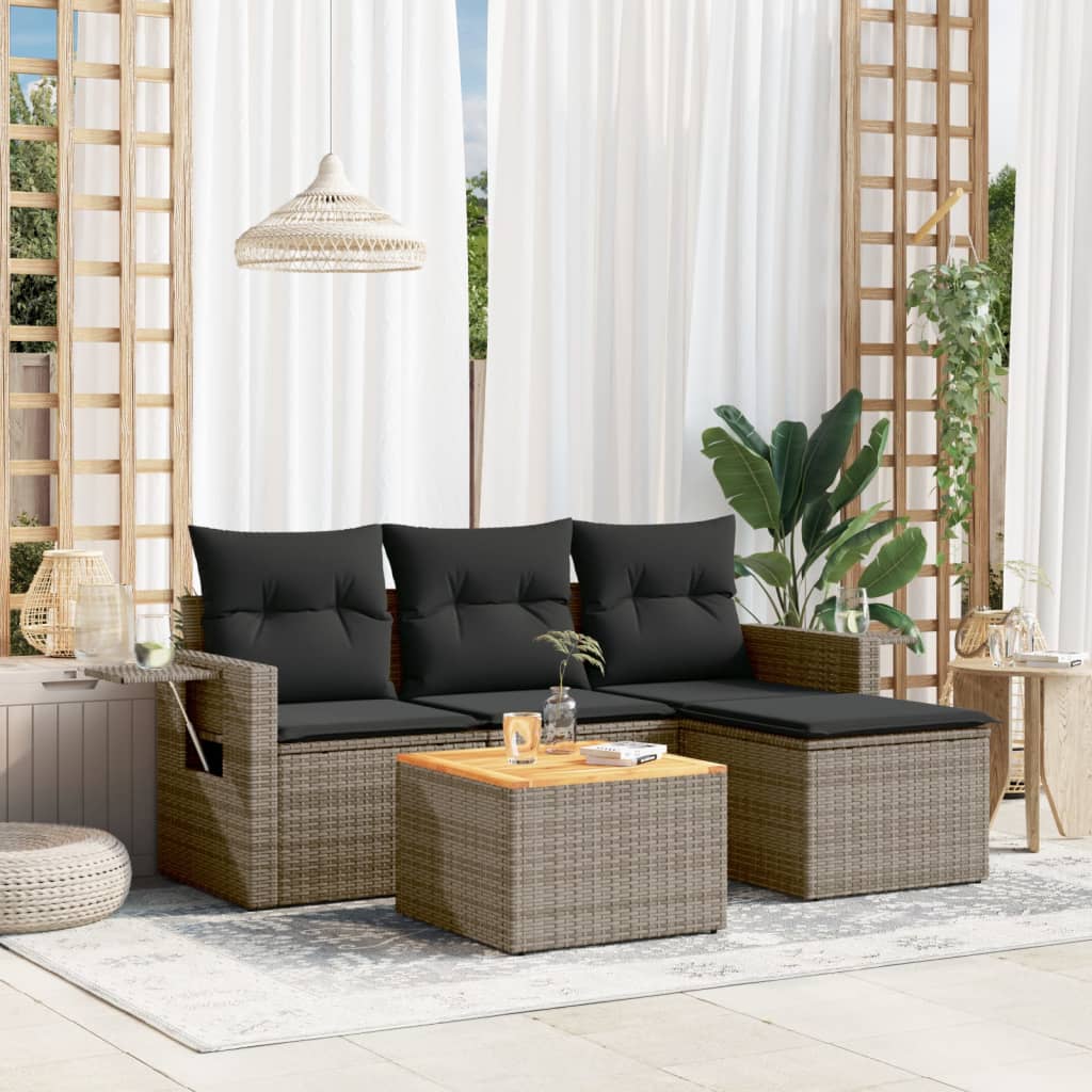 vidaXL 5-tlg. Garten-Sofagarnitur mit Kissen Schwarz Poly Rattan