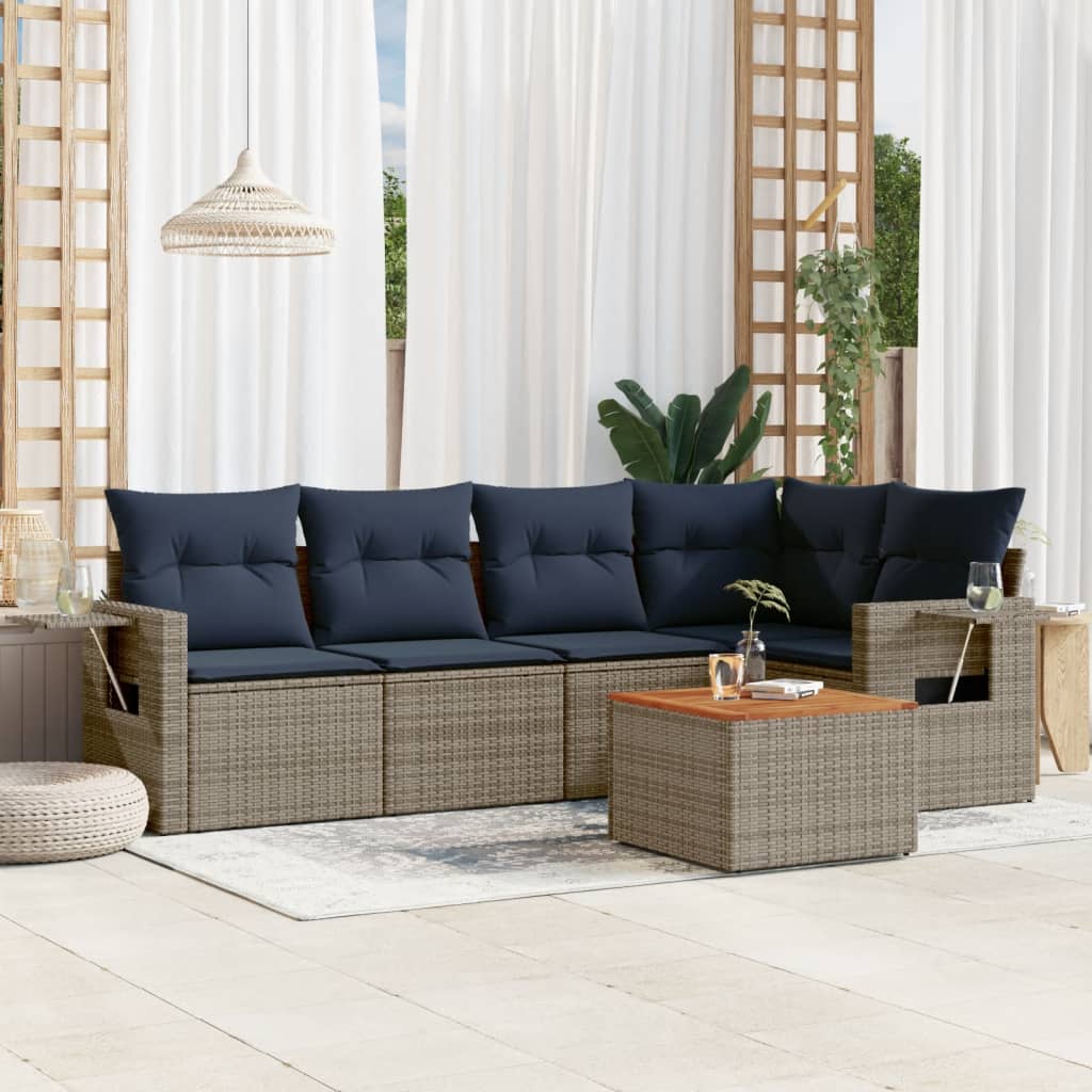 vidaXL 6-teiliges Gartensofa-Set mit Kissen, schwarzes Polyrattan