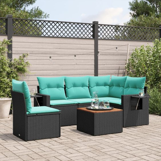 vidaXL 6-teiliges Gartensofa-Set mit Kissen, schwarzes Polyrattan