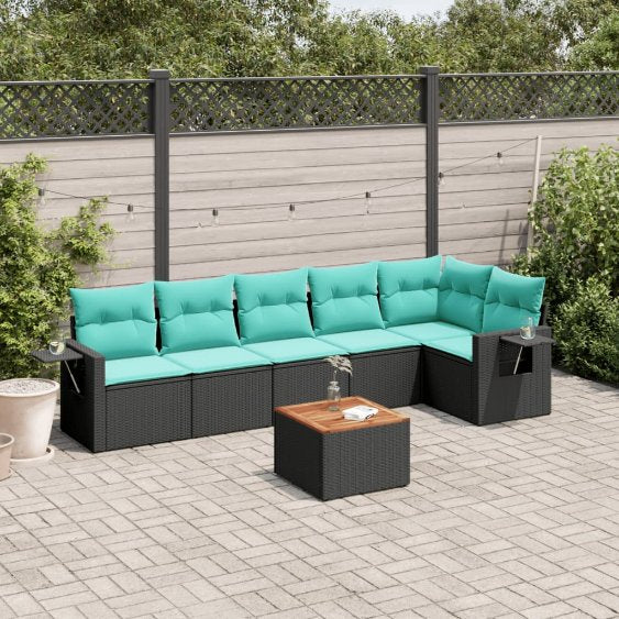 vidaXL 7-teiliges Gartensofa-Set mit Kissen, schwarzes Polyrattan