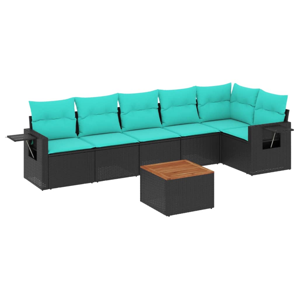 vidaXL 7-teiliges Gartensofa-Set mit Kissen, schwarzes Polyrattan