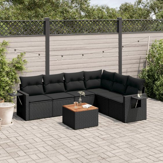 vidaXL 7-tlg. Garten-Sofagarnitur mit Kissen Schwarz Poly Rattan
