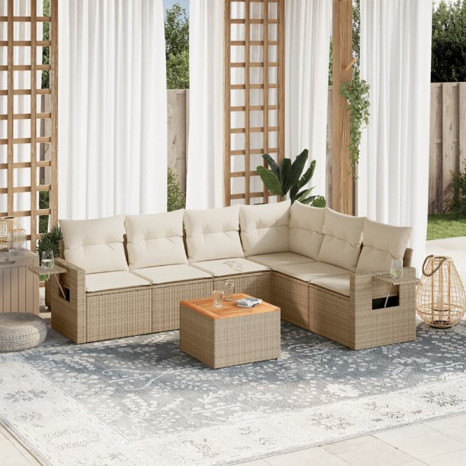 vidaXL 7-tlg. Garten-Sofagarnitur mit Kissen Schwarz Poly Rattan