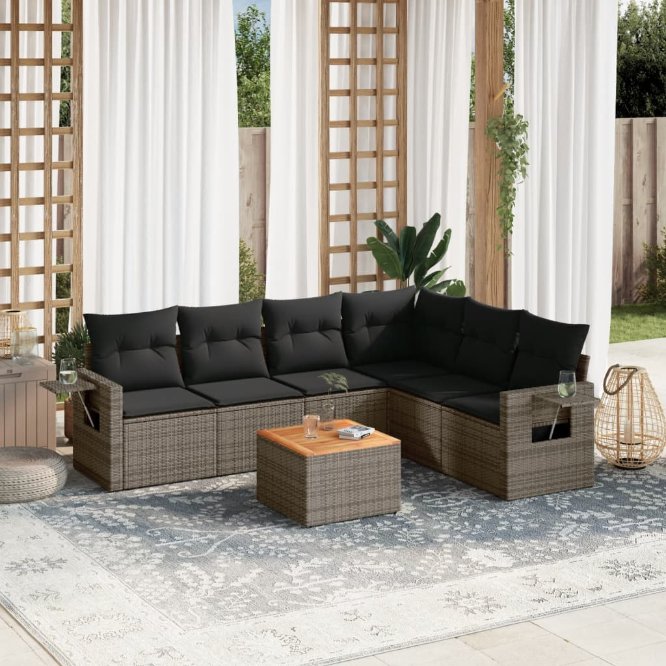 vidaXL 7-tlg. Garten-Sofagarnitur mit Kissen Schwarz Poly Rattan