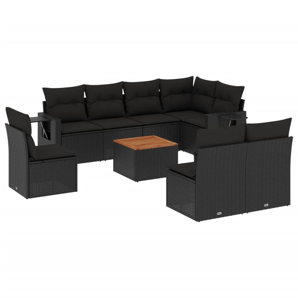 vidaXL 9-tlg. Garten-Sofagarnitur mit Kissen Schwarz Poly Rattan