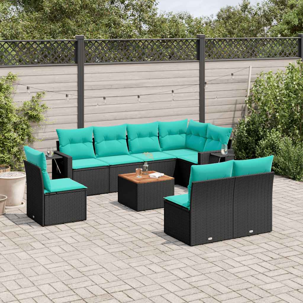 vidaXL 9-teiliges Gartensofa-Set mit Kissen, schwarzes Polyrattan